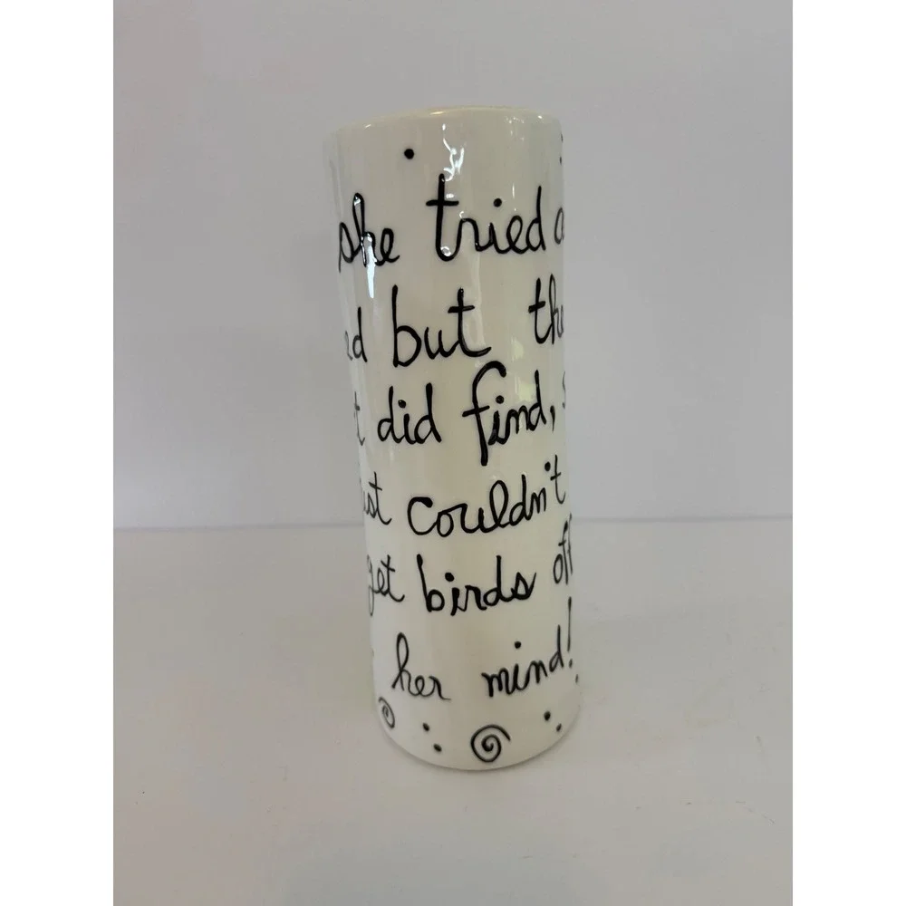 Lotus Ceramic Cat and Bird Whimsical Cylinder Vase 10 Inch Hand Painted